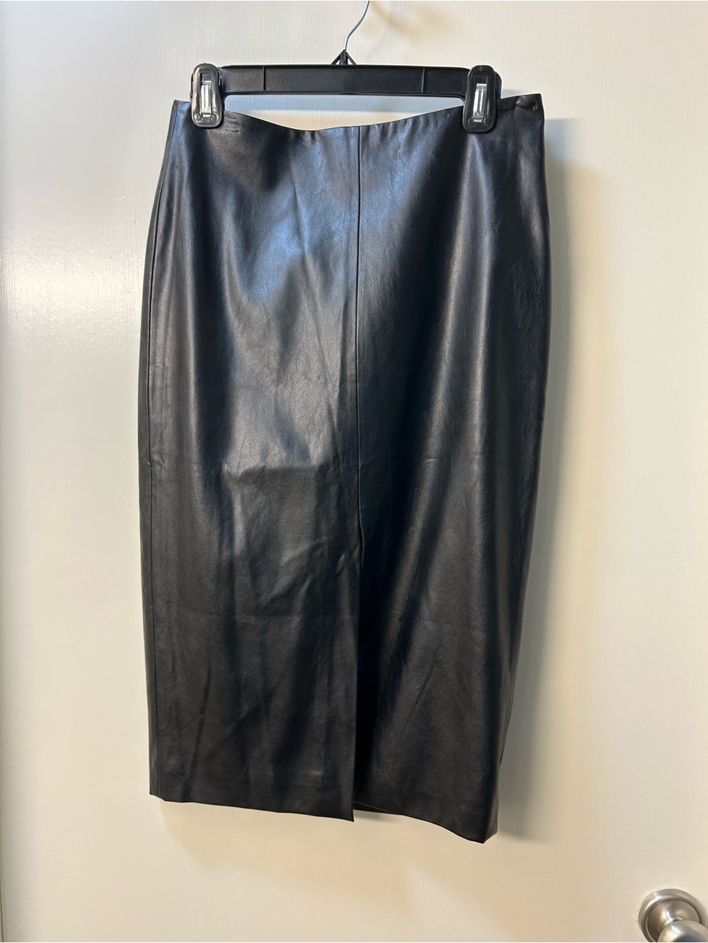 Black Faux Leather Pencil Skirt  With Front Slit - Classic Women's Skirt